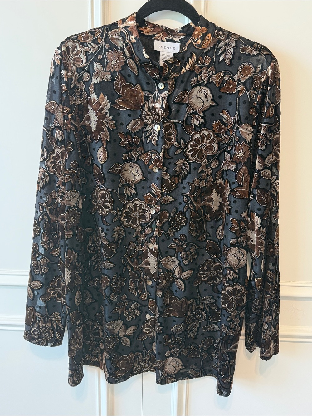 Avenue Black Floral Button-Down Shirt with Brown Accents